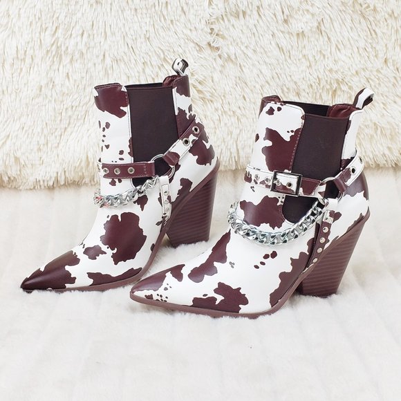 Cape Robbin Shoes - Demitri Brown White Cow Print Western Cowgirl Pull On Ankle Boot